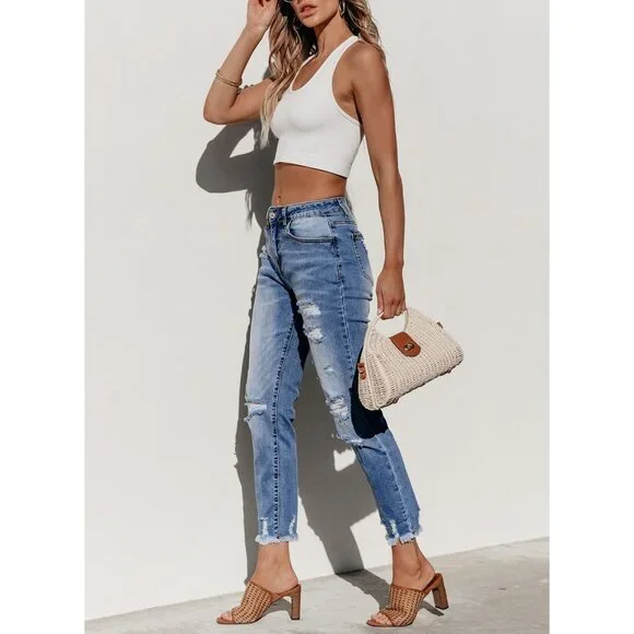 Women's Distressed Straight Leg Boyfriend Jeans Denim Spring Summer - Picture 4 of 6